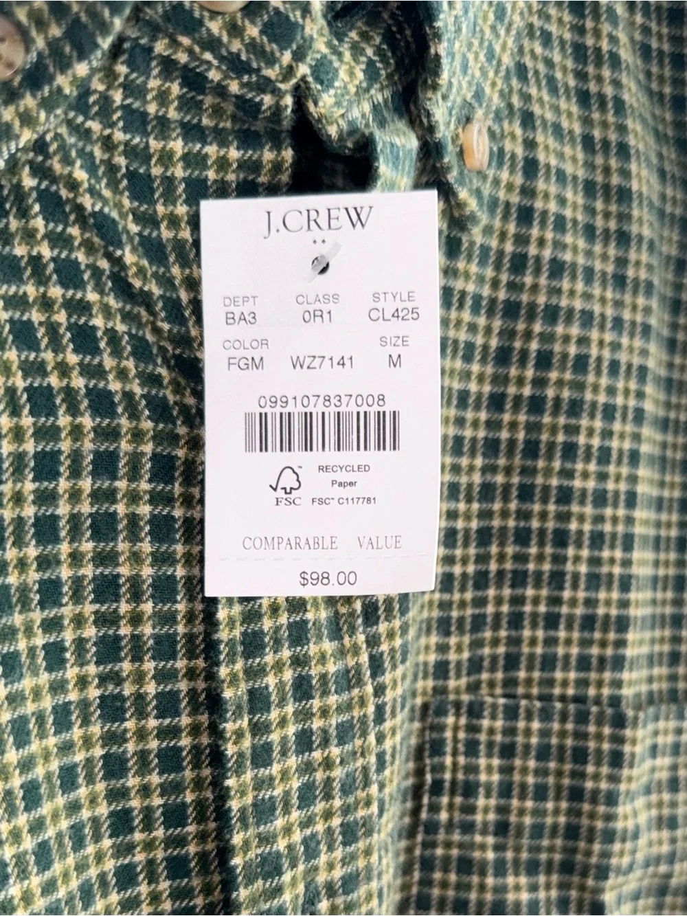 J. Crew NWT Brushed Twill Button-Down Shirt in Green/Tan Micro-Plaid